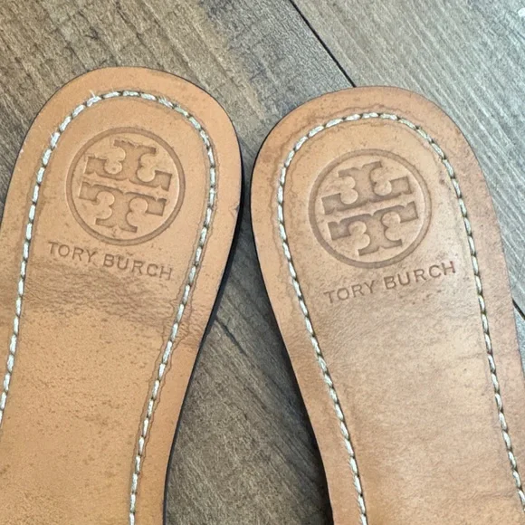 Tory Burch Black Leather Slide Sandals with Tan Footbed - Picture 2 of 13